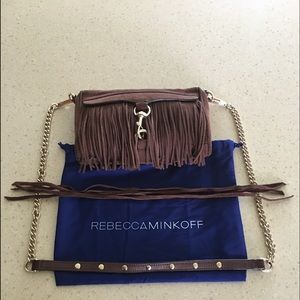 REBECCA MINKOFF BROWN SUEDE FRINGED CROSSBODY BAG